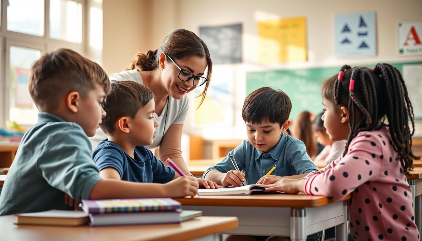 Students studying together in modern classroom